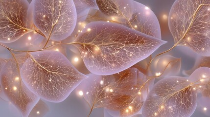 Rose Gold Foil Embossed Fractal Leaf Shapes with Circuit-Inspired Veins on Translucent Washi Paper, Glowing Ambient Light

