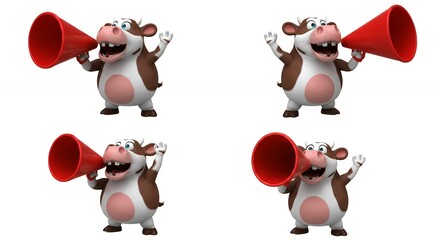 Cartoon cows with megaphones isolated on white