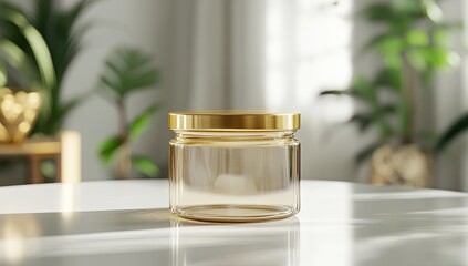 Empty amber glass jar with gold lid on white table,  natural light