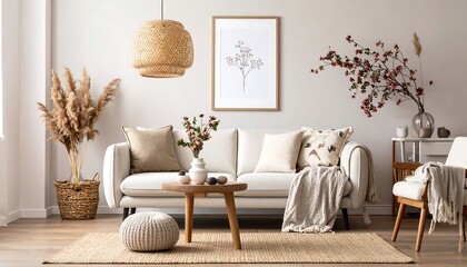 Cozy Bohemian Living Room Interior Design with Soft Lighting with and Decor.