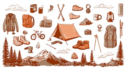Hiking and camping gear floating above a mountain landscape; ideal graphic element