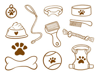 Pet Outline Food Toys And Accessories. A playful set of 12 pet outline icons including collars bowls paw prints leashes toys grooming tools and more in clean brown style. Perfect for pet themed design