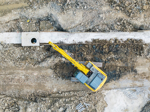 Excavator at Drainage Construction Site Aerial View