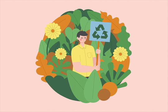 A person stands proudly holding a recycling sign on pink background
