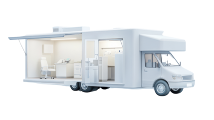 Modern Mobile Office Van with Open Side Revealing Interior Workspace and Equipment in Bright Environment