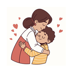 Loving Mother Embracing Son with Hearts, Affectionate Hug