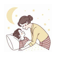 Mother Comforting Child at Bedtime, Goodnight Illustration