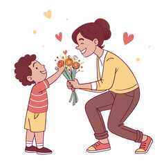 Son Presenting Flowers to Mother Illustration, Gift of Love, Mother's Day, Appreciation, Family Moment