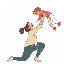 Joyful Mother Playing with Son, Lifting Child Playfully