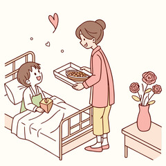 Mother Bringing Breakfast to Child in Bed, Caring Moment