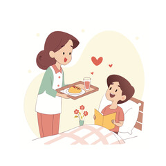 Mother Serving Breakfast to Son in Bed, Morning Routine