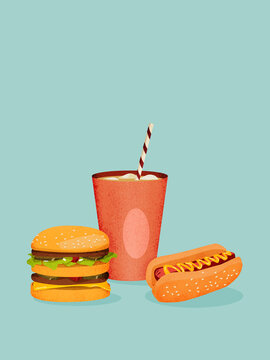 Hot dog, hamburger and soda cup representing fast food