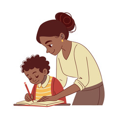 Mother Assisting Son with School Homework, Home Learning