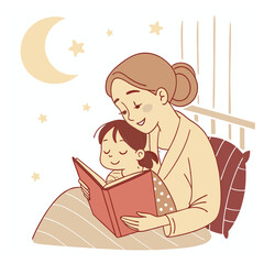 Mother Reading Bedtime Story to Child, Cozy Evening Illustration