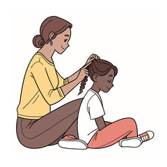 Mother Braiding Daughter's Hair Illustration, Family Bonding, Care, Everyday Life, Parenting Moments