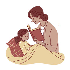 Mother Reading Story Book to Daughter Illustration, Bedtime Story, Parenting, Family Bonding, Education