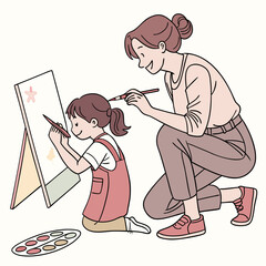 Mother and Daughter Painting Together Illustration, Creative Activity, Bonding, Art, Childhood Learning