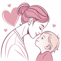 Tender Mother Kissing Child's Forehead Illustration, Love, Affection, Parenthood, Intimate Moment
