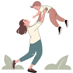 Joyful Mother Lifting Child Illustration, Happy Family Play, Love, Parenthood, Cheerful Moment