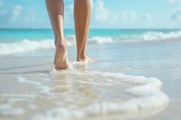 Closeup of woman feet walking on sand beach