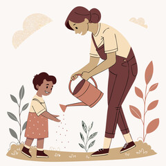 Mother and Child Watering Plants Illustration, Gardening, Nature, Family Activity, Education