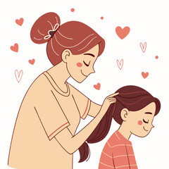 Mother Braiding Daughter's Hair Illustration, Affectionate Family Moment, Care, Parenthood, Bonding