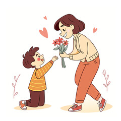 Boy Giving Flowers to Mother Illustration, Gift of Love, Mother's Day, Appreciation, Family Joy