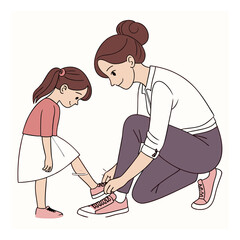 Mother Tying Daughter's Shoelace Illustration, Parenting, Daily Care, Learning, Family Bonding