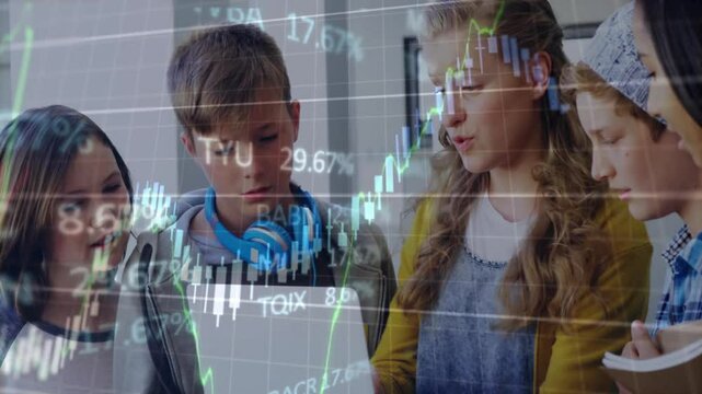 Five students lifting and tapping laptop in bright study space, analyzing animated stock chart - Powered by Adobe