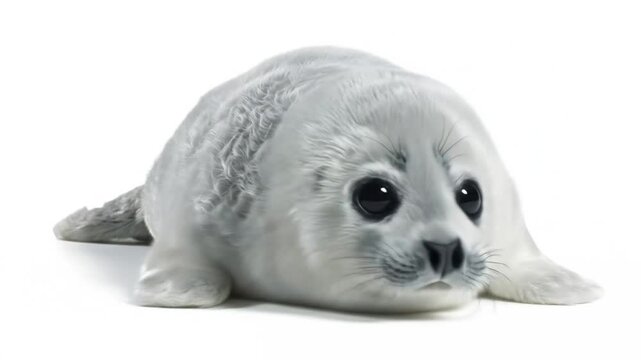 A small, light gray seal pup lies on a white background, looking forward with dark eyes.
