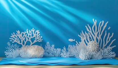 Paper coral reef scene, sunlit, underwater