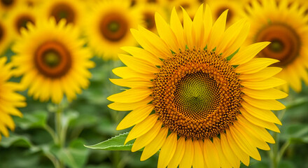 Fototapeta premium A realistic macro shot of a sunflower in full bloom, capturing the texture of the petals and seeds