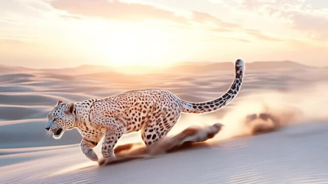 A spotted leopard sprints across sand dunes in a desert landscape at sunset.