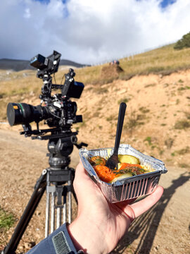 Lunch break during outdoor film shoot on location