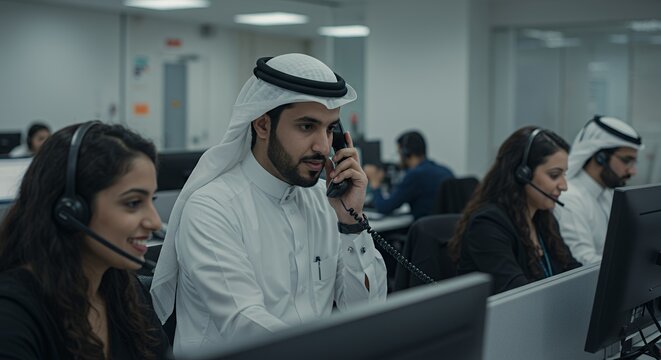 Diverse team of customer service representatives work diligently in a modern office, showcasing global collaboration and professionalism.