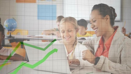 Teacher leaning in pointing guiding student typing as grid fading revealing performance graph - Powered by Adobe