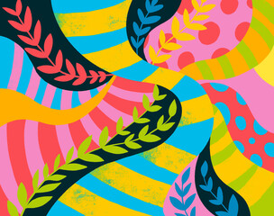 Colorful abstract design with leaves and wavy shapes