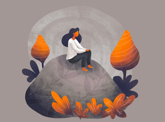 Woman sitting on a rock in a stylized forest setting