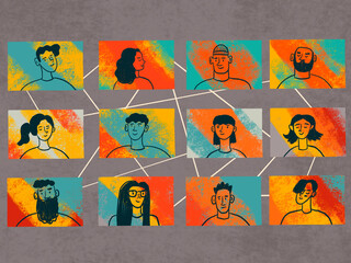 Diverse group of individuals connected through artful portraits