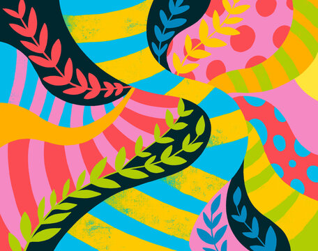 Colorful abstract design with leaves and wavy shapes