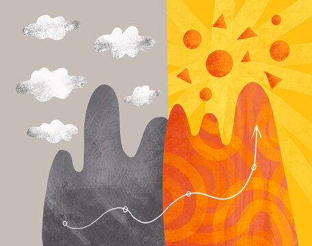 Art depicting contrast between gloomy weather and sunny atmosphere