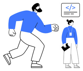 Man in motion passes by a woman holding a folder, coding interface sign overhead. Ideal for teamwork, technology, coding, work-life balance, productivity, collaboration career goals. Minimal flat