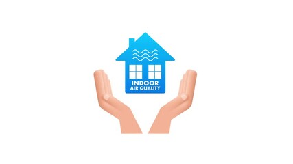 Hands Protecting House with Indoor Air Quality Label on White and Green Screen Background