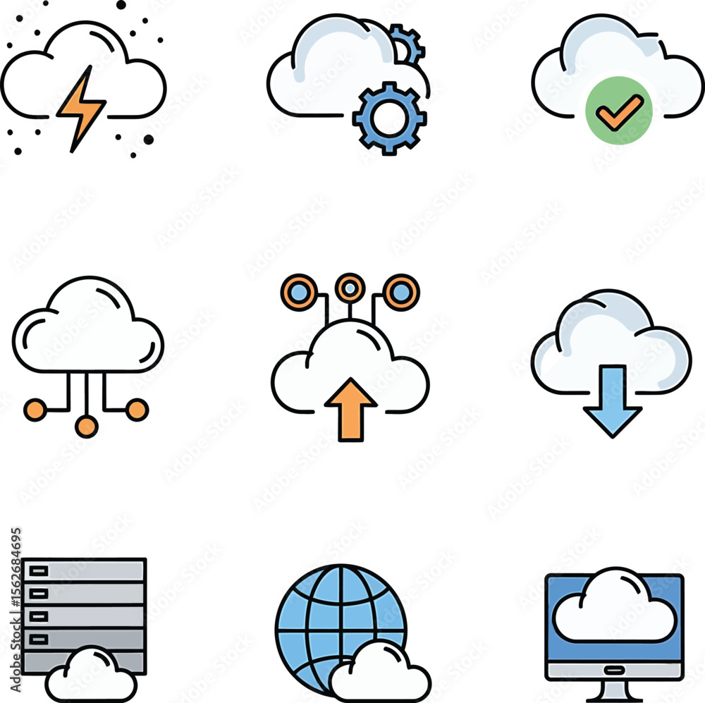 Poster cloud computing icons represent data solutions, showcasing various information technology concepts, 