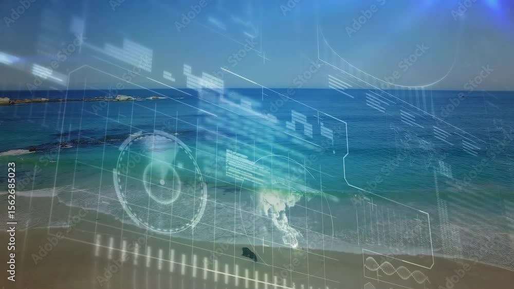 Poster grid fading in initiating holographic interface over seaside with radar globe charts for data view