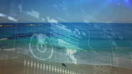 Grid fading in initiating holographic interface over seaside with radar globe charts for data view - Powered by Adobe