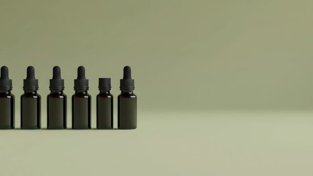 Row of dropper bottles on a neutral surface, studio shot