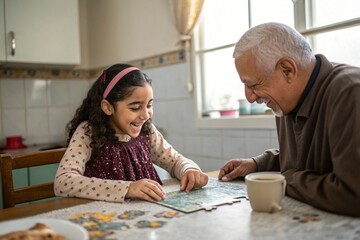 Grandfather and Granddaughter Bonding Over a Jigsaw Puzzle