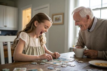 Grandfather and Granddaughter Sharing a Joyful Jigsaw Puzzle Moment
