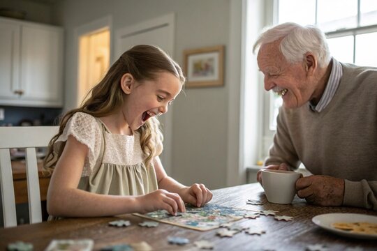 Grandfather and Granddaughter Sharing a Joyful Jigsaw Puzzle Moment - Powered by Adobe